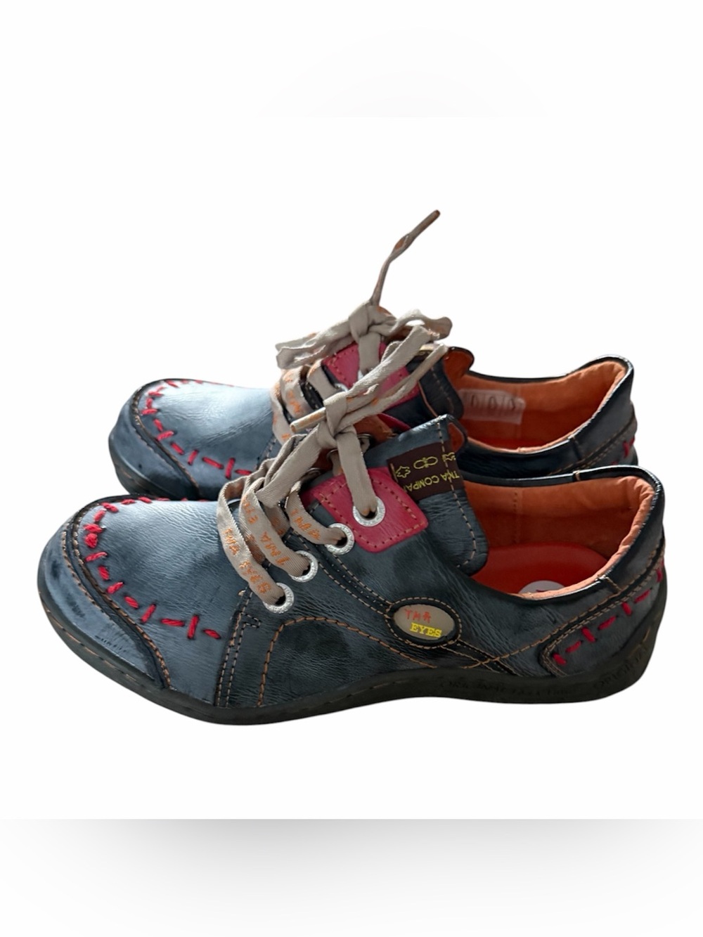 TMA EYES Women 's Hand Stitched Leather Walking Shoes blue with red accents, 39